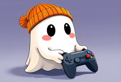 A friendly ghost in an orange hat plays video games