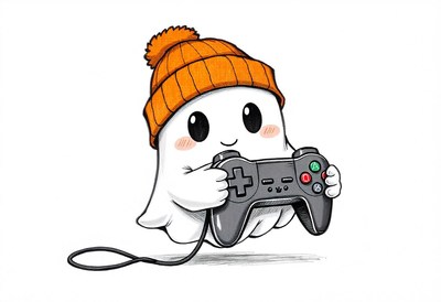 A cute ghost in an orange beanie plays video games