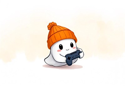 A cute ghost in an orange hat plays video games