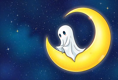 A cute ghost sits on a crescent moon in a starry night sky