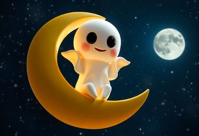 A cute angel sits on the moon, gazing at the night sky