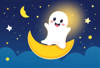 A happy ghost rides the moon at night