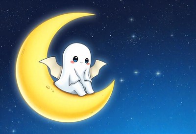 A cute ghost sits on the moon at night