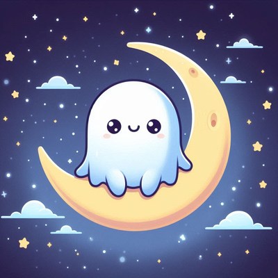 A cute ghost sits on a crescent moon