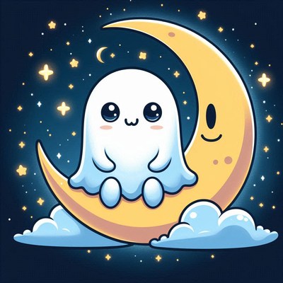 A cute ghost sits on a crescent moon in a starry night sky