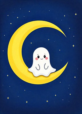 A cute ghost sits on a crescent moon