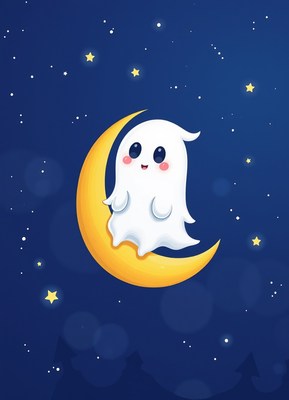 A cute ghost sits on a crescent moon in the night sky