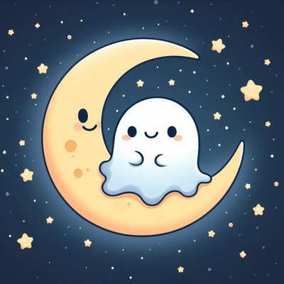 A friendly ghost sits on the moon in a night sky