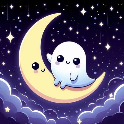 A cute ghost sits on the crescent moon in a starry sky