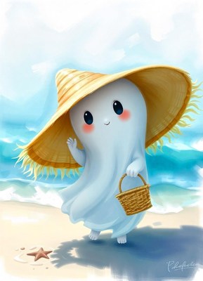 A friendly ghost walks on the beach wearing a hat