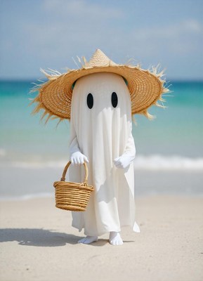 A ghost walks the beach with a basket