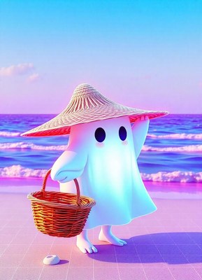 A ghost in a hat strolls the beach with a basket