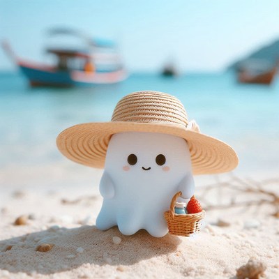 A friendly ghost enjoys a beach day in a straw hat
