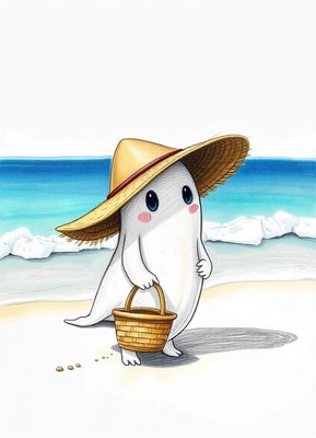 Ghost in a straw hat strolls the beach with a basket