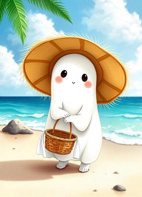 A friendly ghost enjoys a beach day, carrying a basket