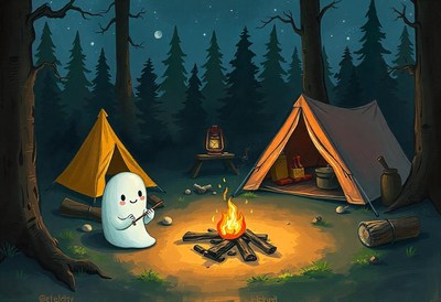 A friendly ghost sits near a campfire in a forest setting