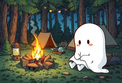 A ghost enjoys a campfire in the woods