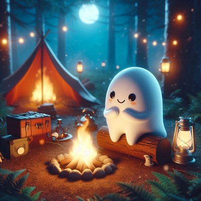 A friendly ghost enjoys a campfire in the woods at night