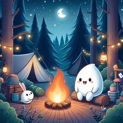 A cute ghost and rabbit enjoy a campfire under the stars