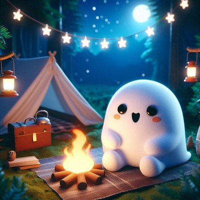 A happy ghost enjoys a campfire under the stars