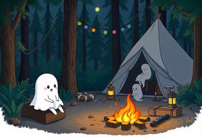 A ghost sits by a campfire in the woods at night