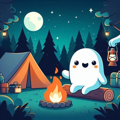 A happy ghost enjoys a campfire in the woods at night