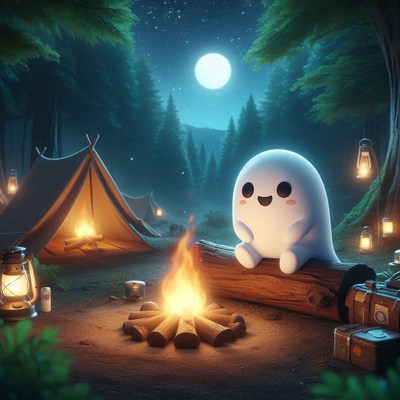 A cartoon ghost sits on a fallen log by a crackling campfire