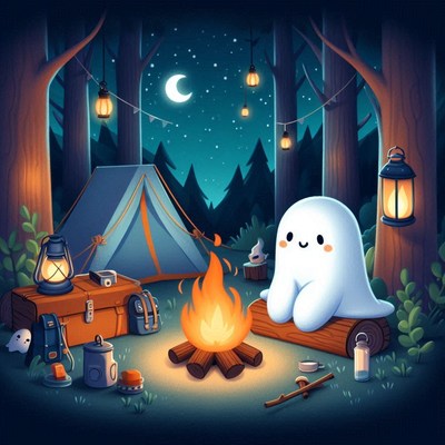 A friendly ghost enjoys a campfire in the woods at night