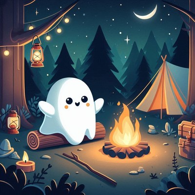 A friendly ghost enjoys a campfire in the woods at night