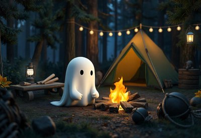 A friendly ghost sits by a campfire in the woods