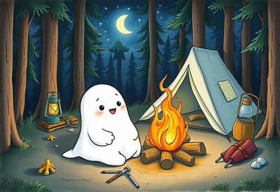 A friendly ghost enjoys a campfire under the night sky