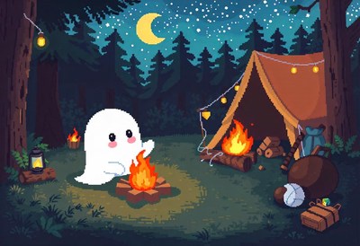 A friendly ghost warms itself by a campfire in the woods