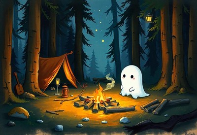 A ghost enjoys a campfire under the stars in a forest