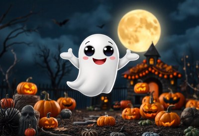 A friendly ghost floats over pumpkins on halloween night