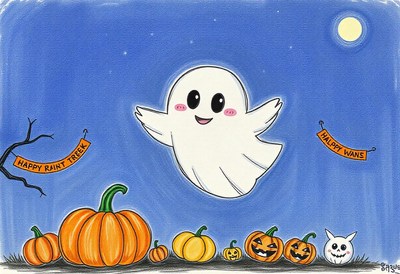 A cute ghost floats above pumpkins on a spooky night