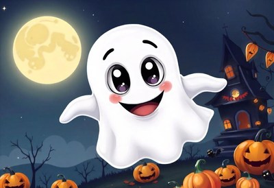 A happy ghost floats under the moon on halloween night