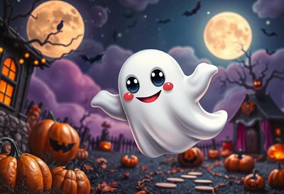 A happy ghost floats in a spooky halloween scene