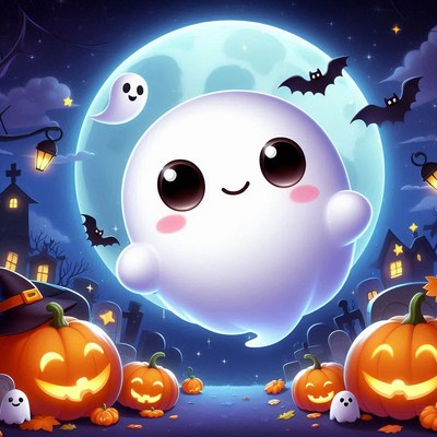 A cute ghost floats in the night sky on halloween