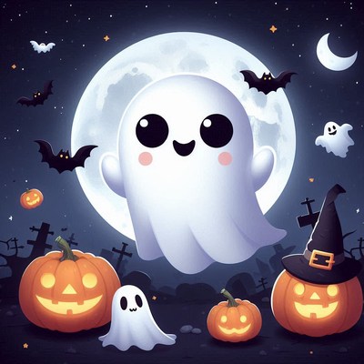A cute ghost floats under the full moon on halloween night
