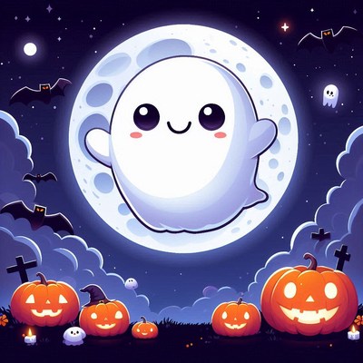 A ghost floats by the full moon on halloween night