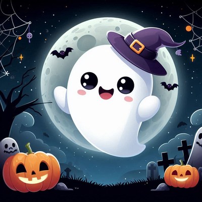 A ghost in a witch's hat floats by the full moon