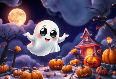 A friendly ghost floats over pumpkins on halloween night