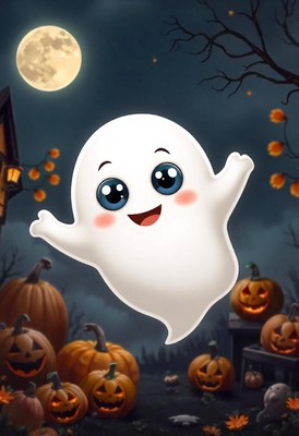 Ghost floats by the full moon on halloween