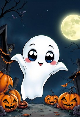 A cute ghost floats through the air on a halloween night
