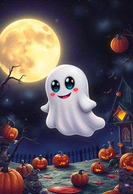 A friendly ghost floats under a full moon on halloween night