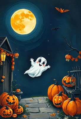 A friendly ghost flies past pumpkins on a halloween night