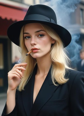 A woman in a black hat smokes a cigarette on the street