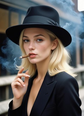 A woman in a black hat smokes a cigar