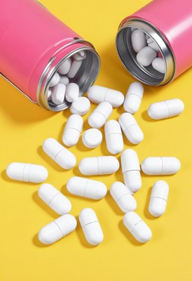 White pills spilled from pink containers