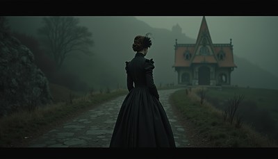 A woman walks toward a large house in a foggy forest